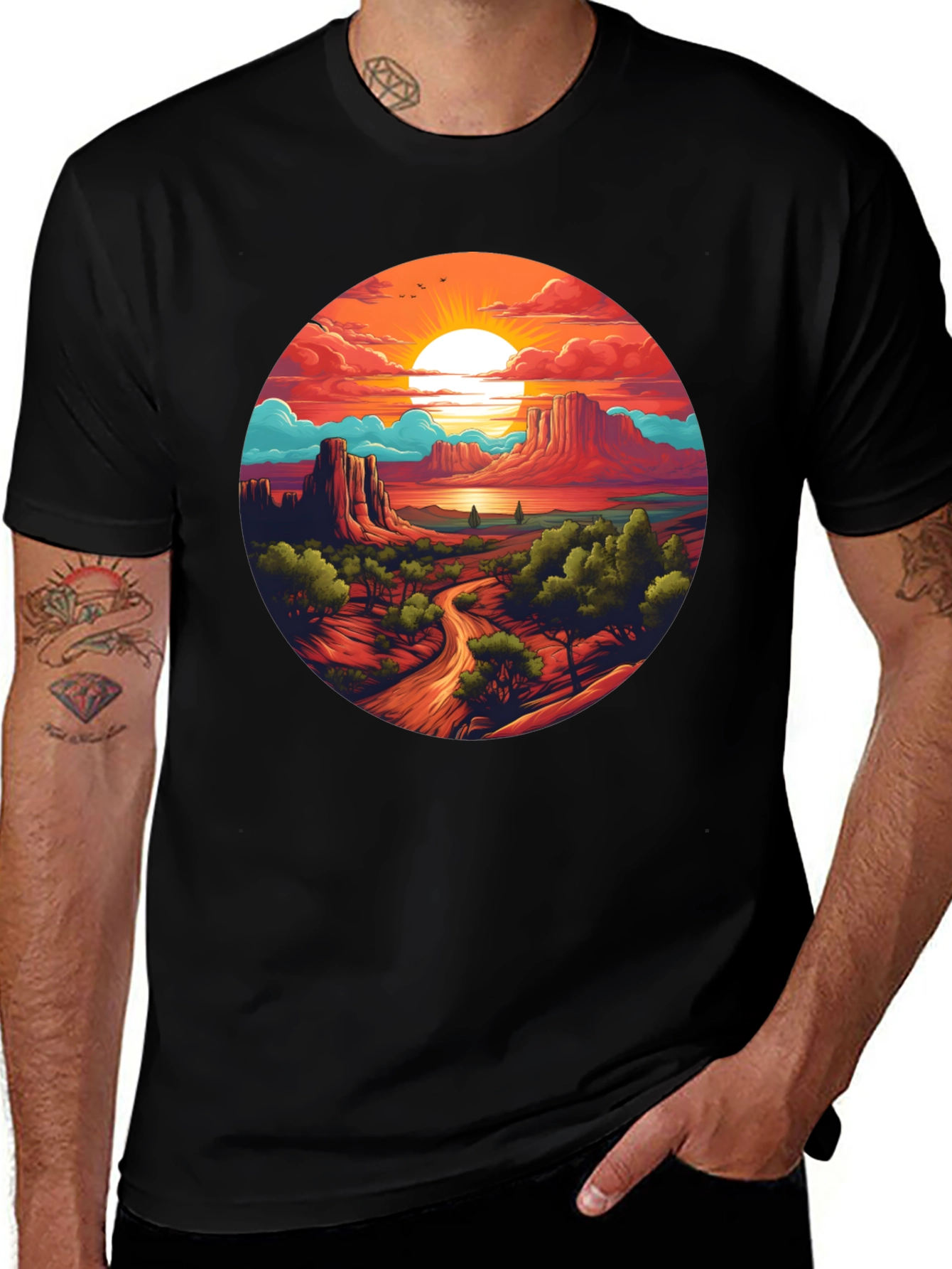 Desert Sunset Graphic Tee - Black Cotton T-Shirt