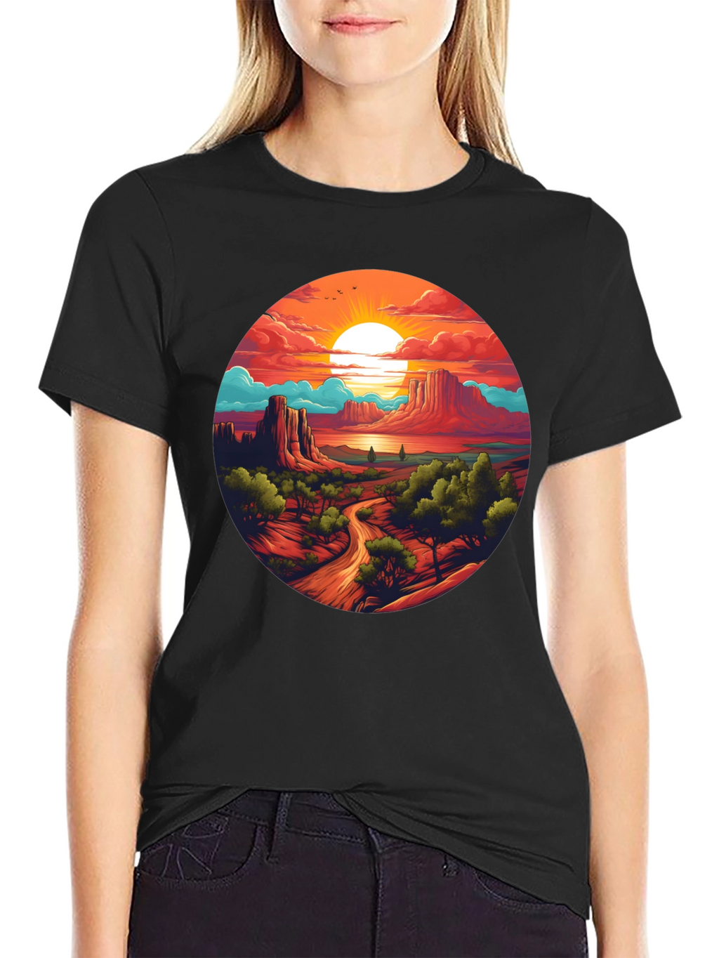 Desert Sunset Graphic Tee - Black Cotton T-Shirt