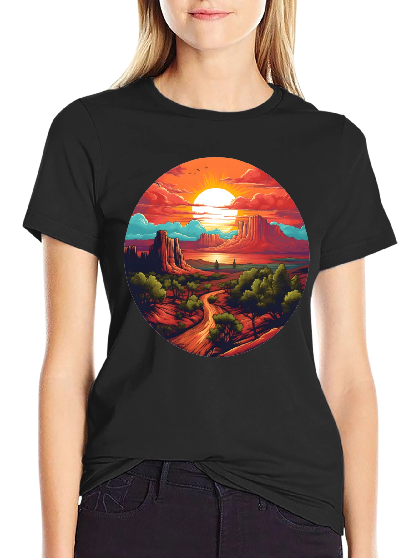 Desert Sunset Graphic Tee - Black Cotton T-Shirt