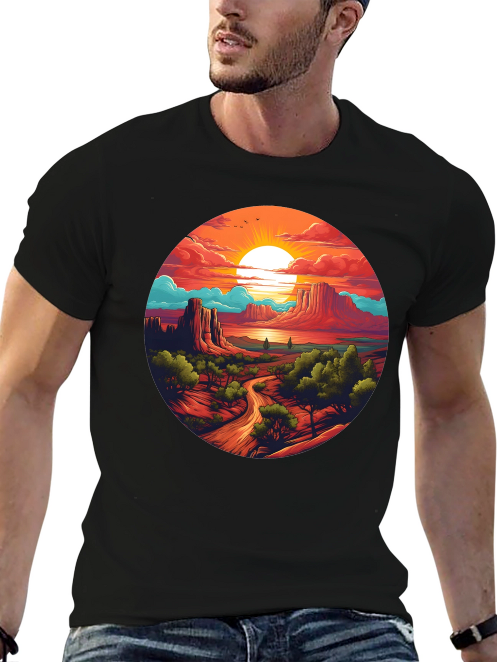 Desert Sunset Graphic Tee - Black Cotton T-Shirt