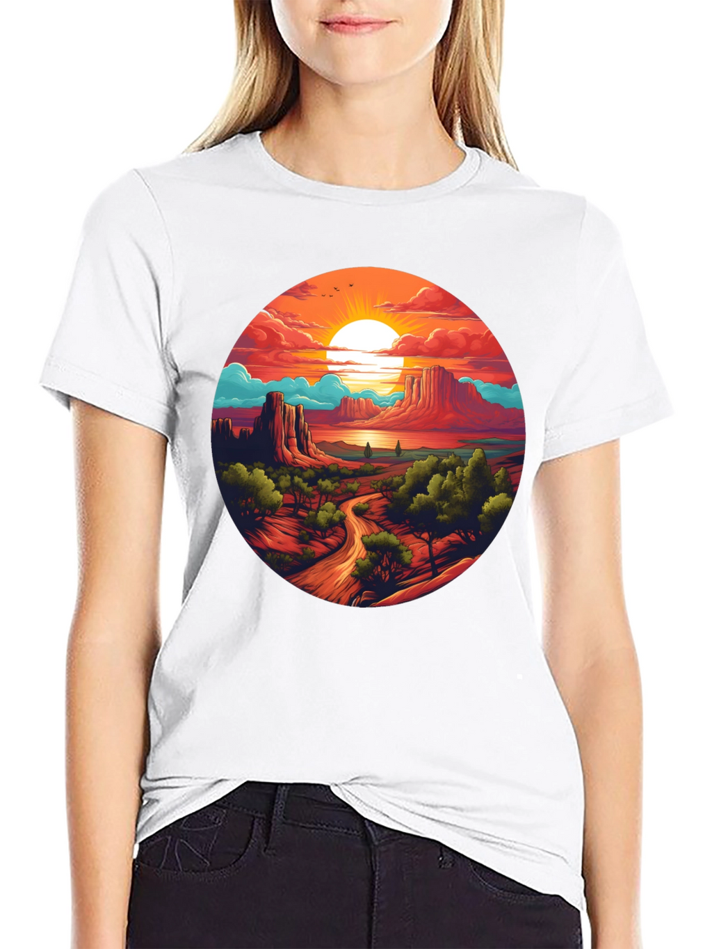 Desert Sunset Graphic Tee - Black Cotton T-Shirt