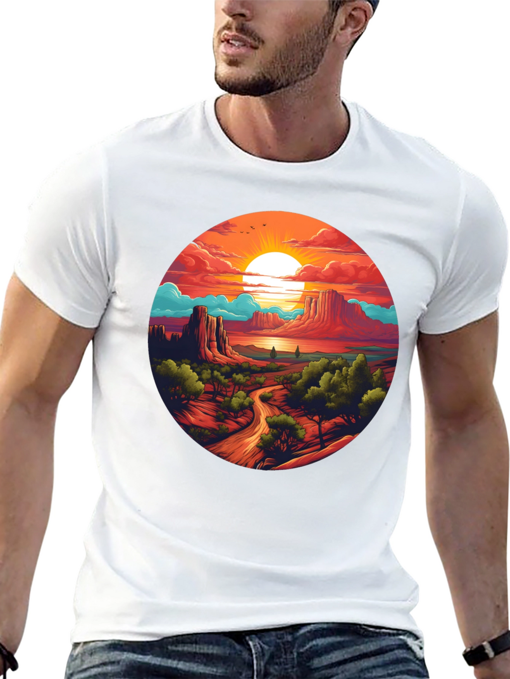 Desert Sunset Graphic Tee - Black Cotton T-Shirt