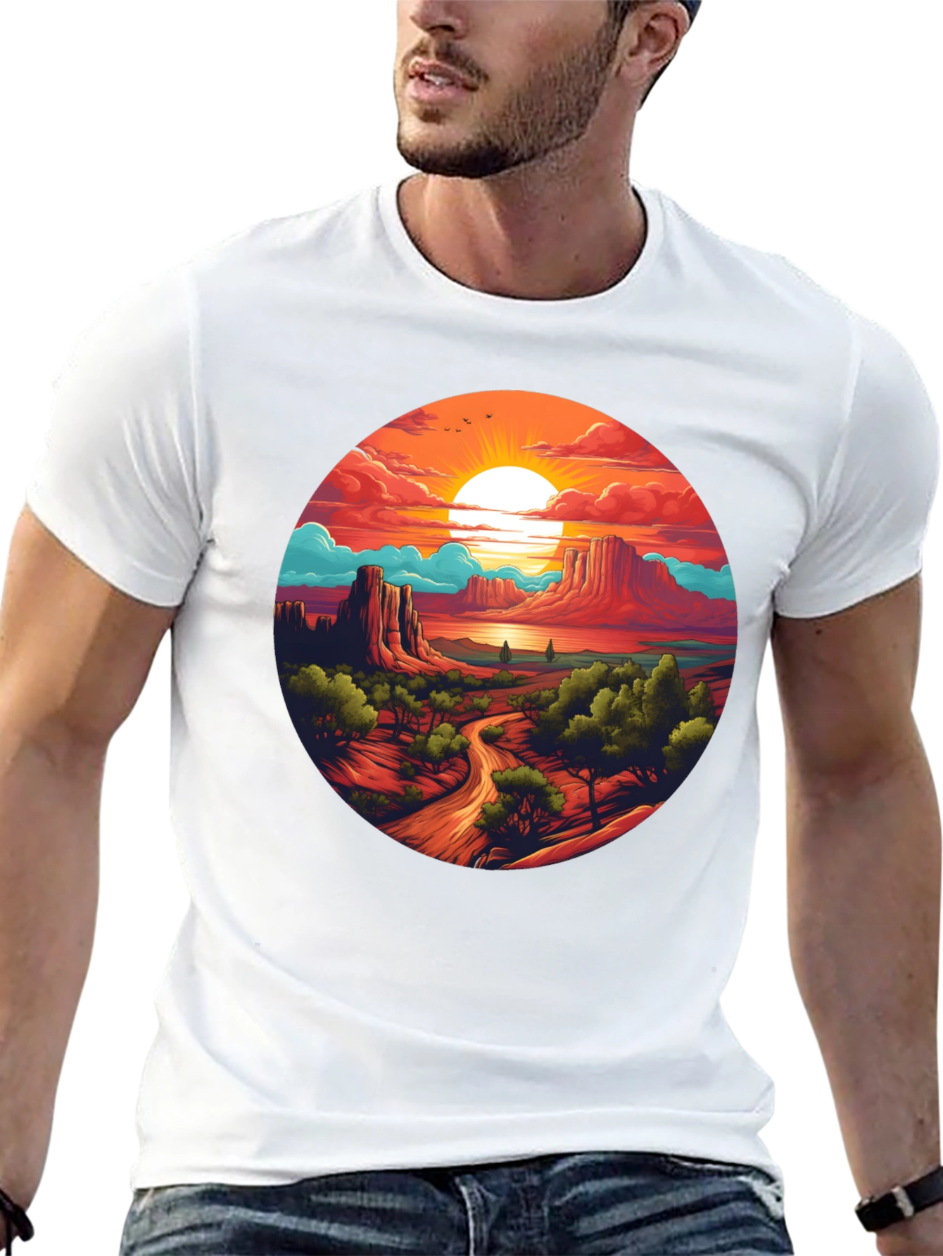 Desert Sunset Graphic Tee - Black Cotton T-Shirt