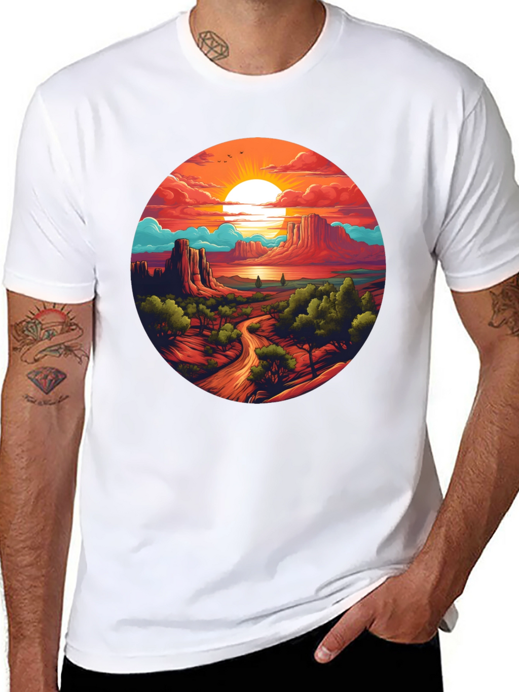 Desert Sunset Graphic Tee - Black Cotton T-Shirt