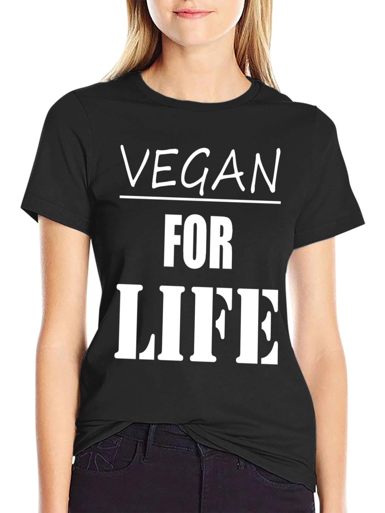 Vegan for Life Graphic Tee - Black Crew Neck T-Shirt
