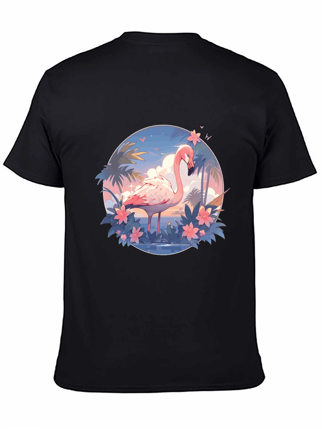 Tropical Flamingo Graphic Tee - Black Cotton T-Shirt
