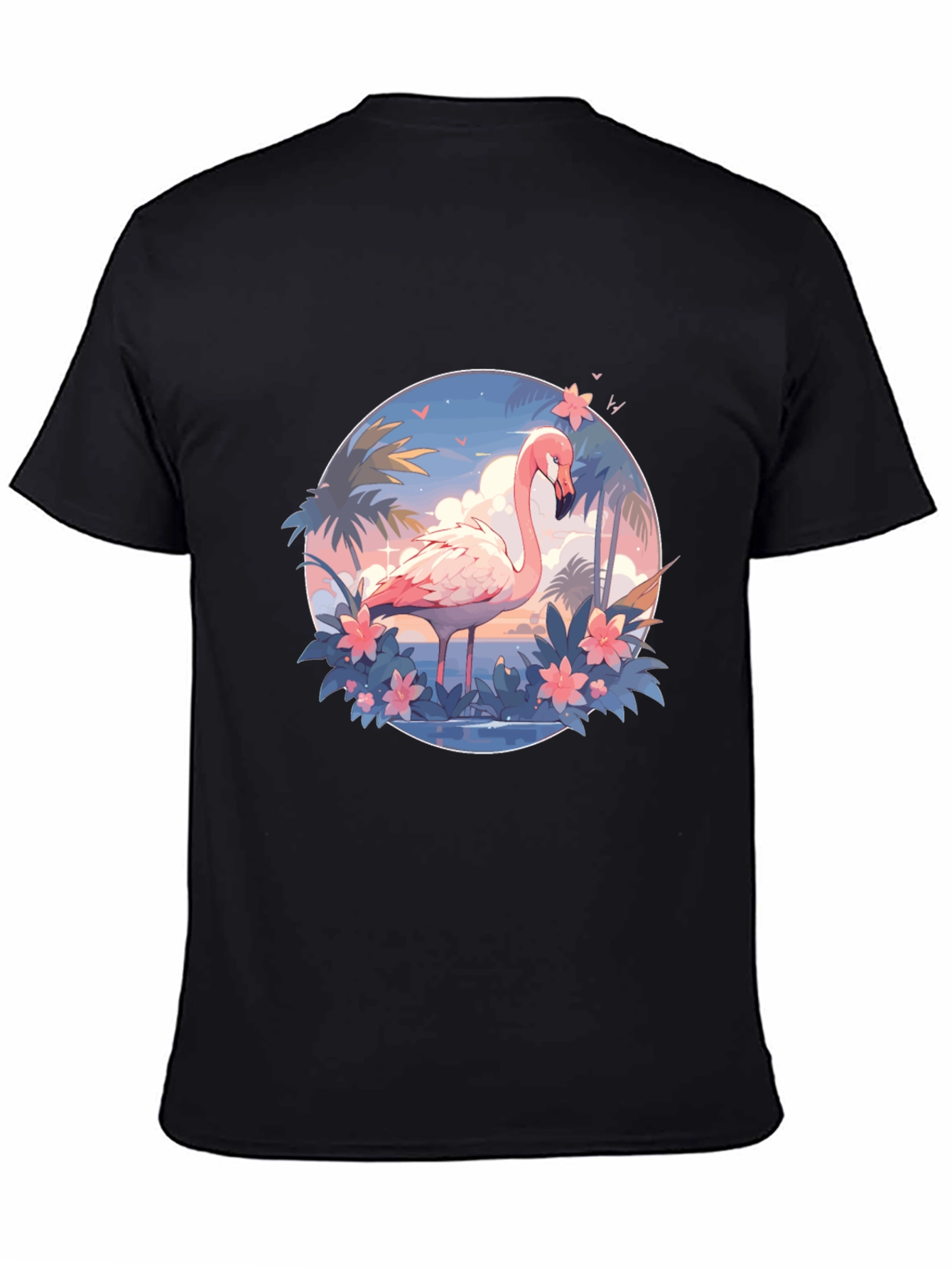 Tropical Flamingo Graphic Tee - Black Cotton T-Shirt