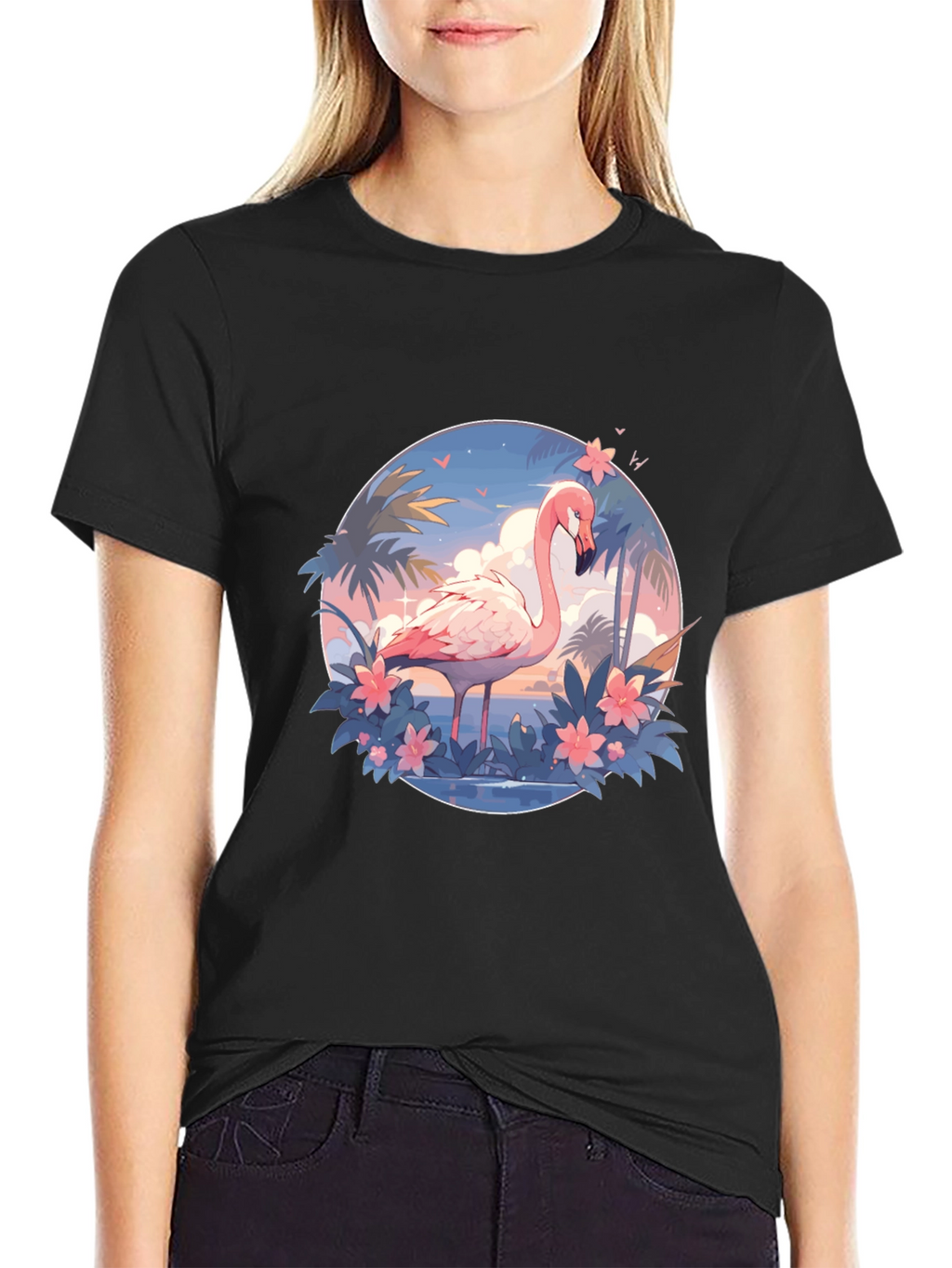 Tropical Flamingo Graphic Tee - Black Cotton T-Shirt