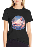 Tropical Flamingo Graphic Tee - Black Cotton T-Shirt