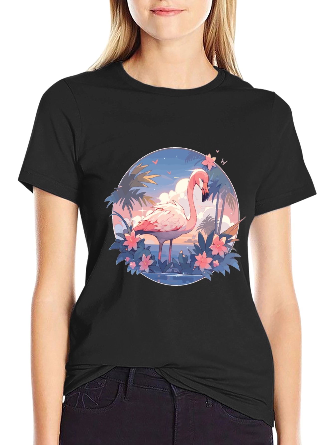 Tropical Flamingo Graphic Tee - Black Cotton T-Shirt