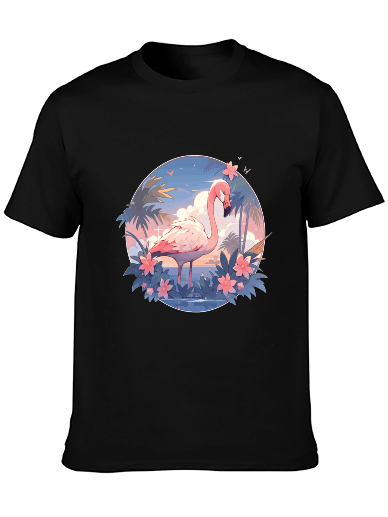 Tropical Flamingo Graphic Tee - Black Cotton T-Shirt