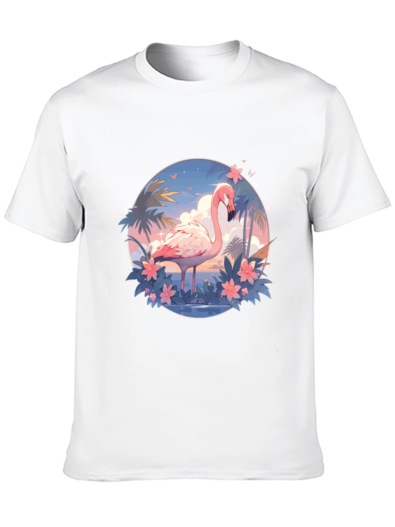 Tropical Flamingo Graphic Tee - Black Cotton T-Shirt