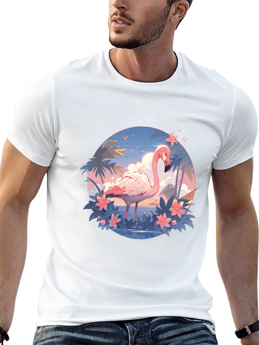 Tropical Flamingo Graphic Tee - Black Cotton T-Shirt