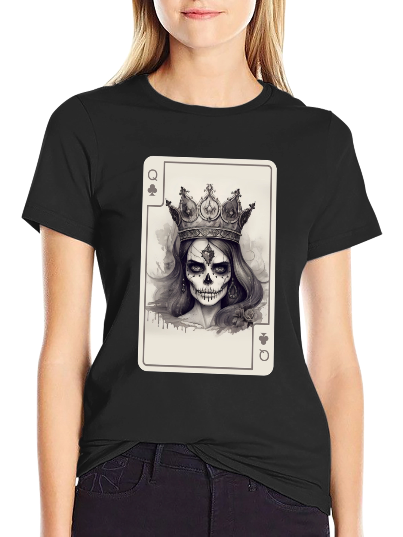 Queen of Spades Card Graphic Tee - Skull Crown