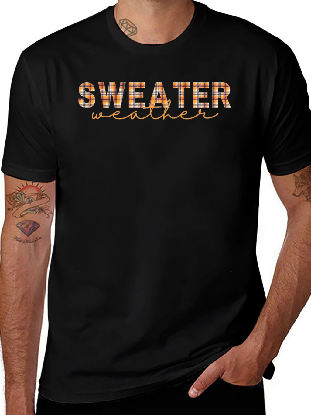 Sweater Weather Plaid Print Black T-Shirt