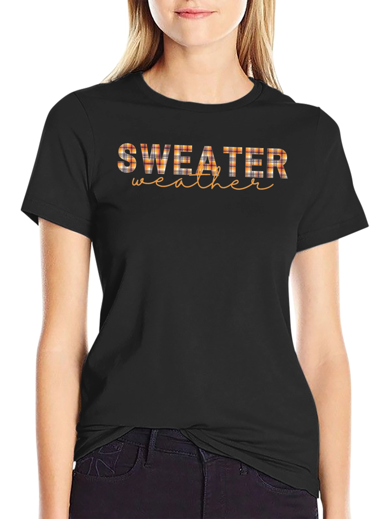 Sweater Weather Plaid Print Black T-Shirt