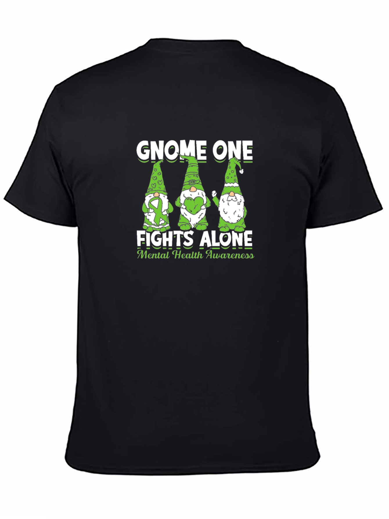 Gnome One Fights Alone Mental Health Awareness Black T-Shirt