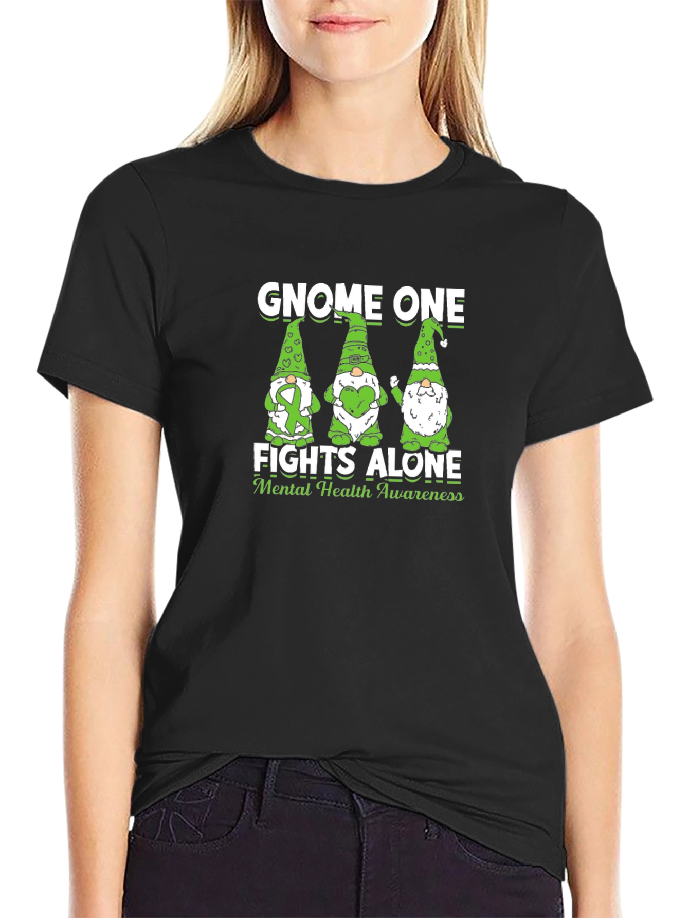 Gnome One Fights Alone Mental Health Awareness Black T-Shirt