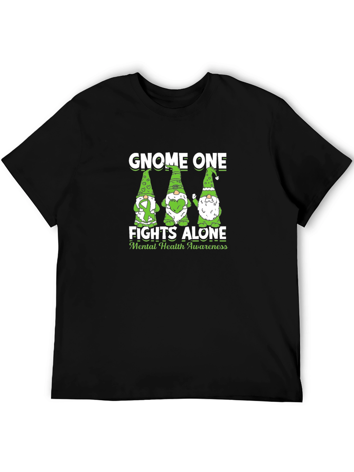 Gnome One Fights Alone Mental Health Awareness Black T-Shirt
