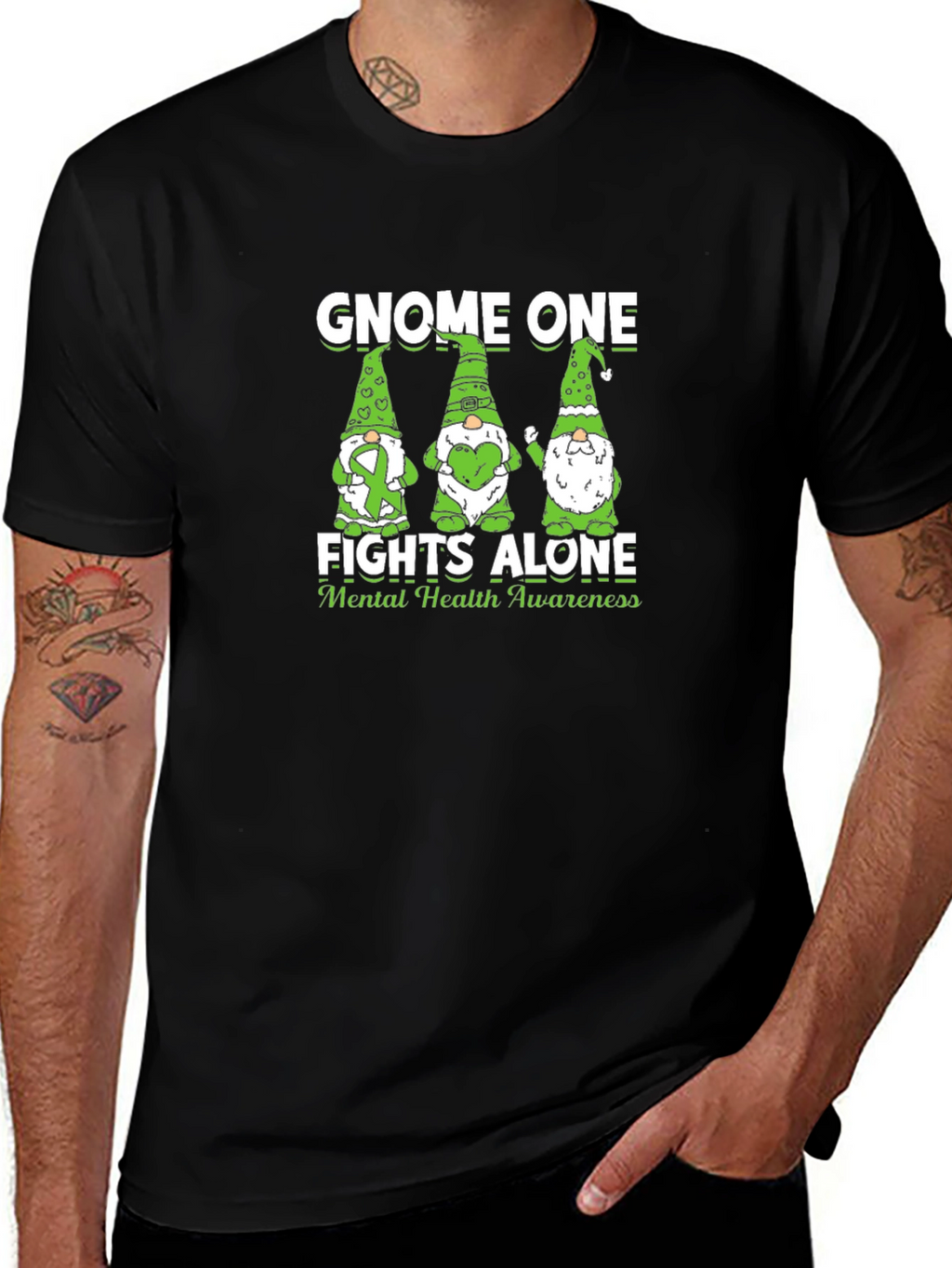 Gnome One Fights Alone Mental Health Awareness Black T-Shirt