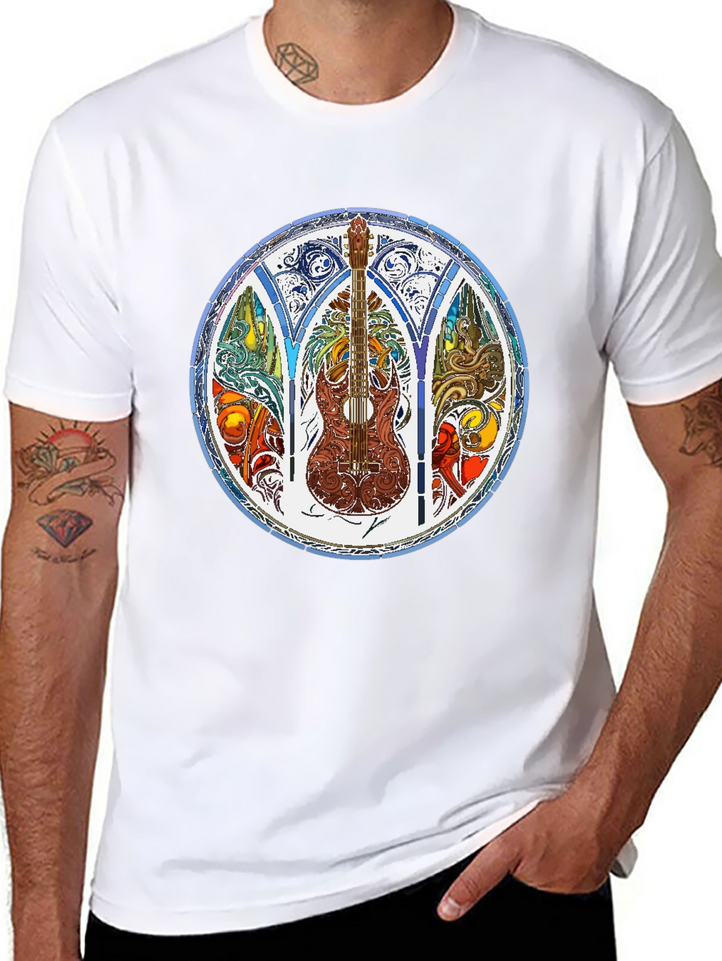 Stained Glass Guitar Graphic Tee - Mens Black T-Shirt