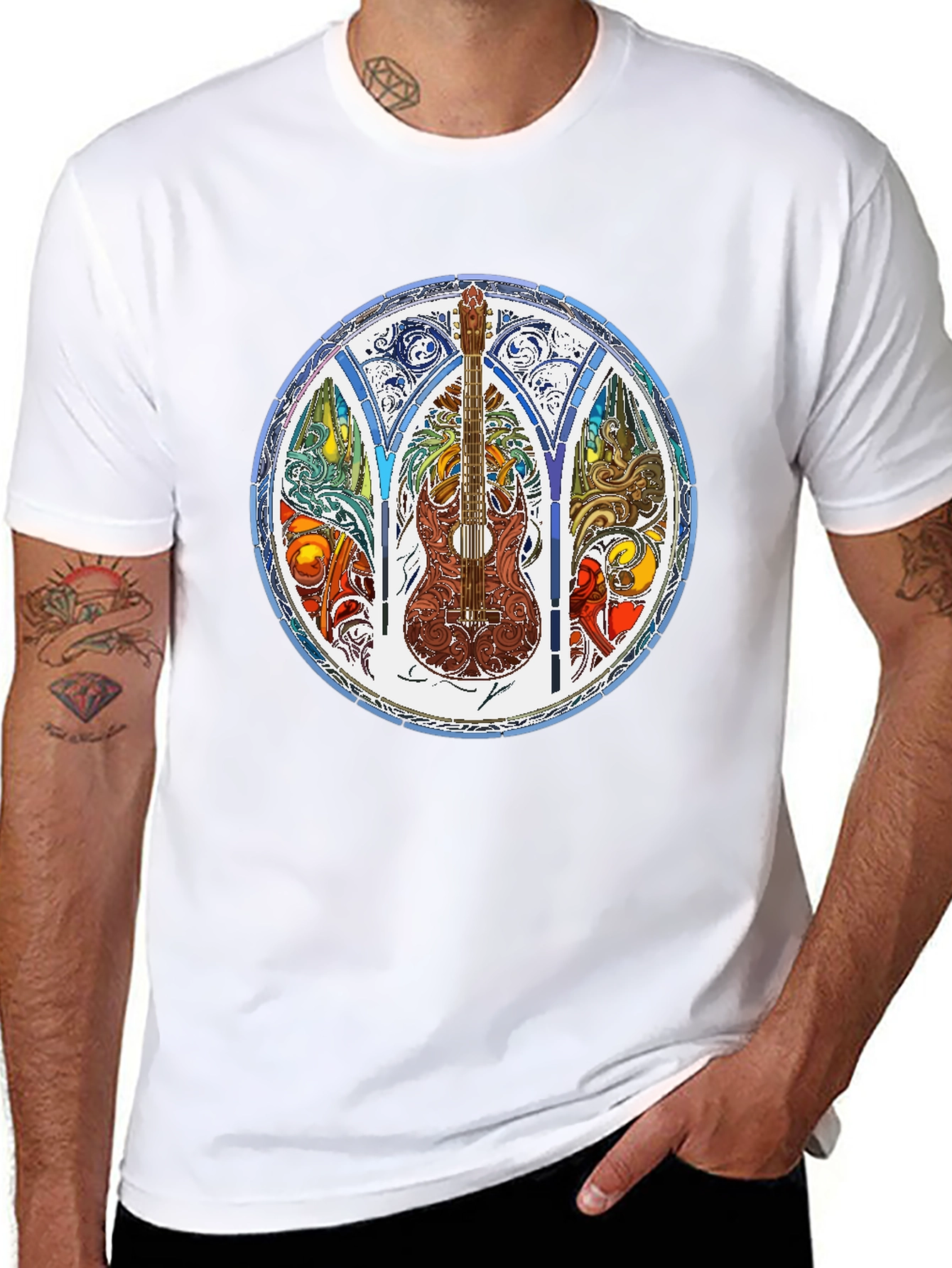 Stained Glass Guitar Graphic Tee - Mens Black T-Shirt