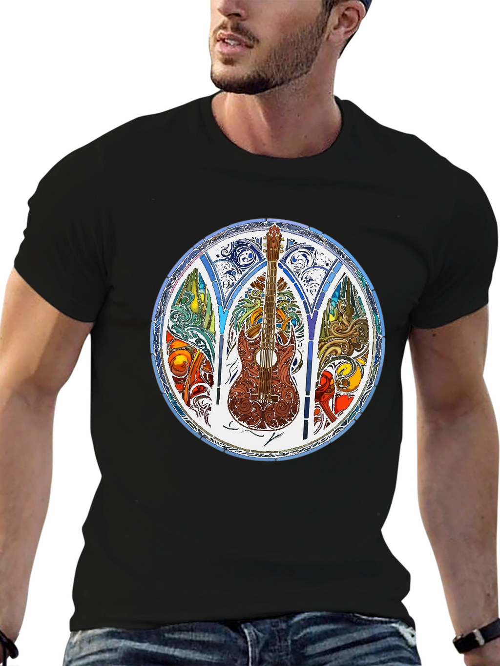 Stained Glass Guitar Graphic Tee - Mens Black T-Shirt