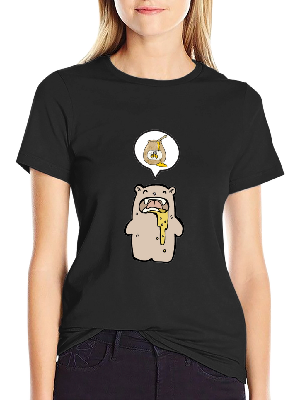 Honey Bear Cartoon Graphic Tee - Black