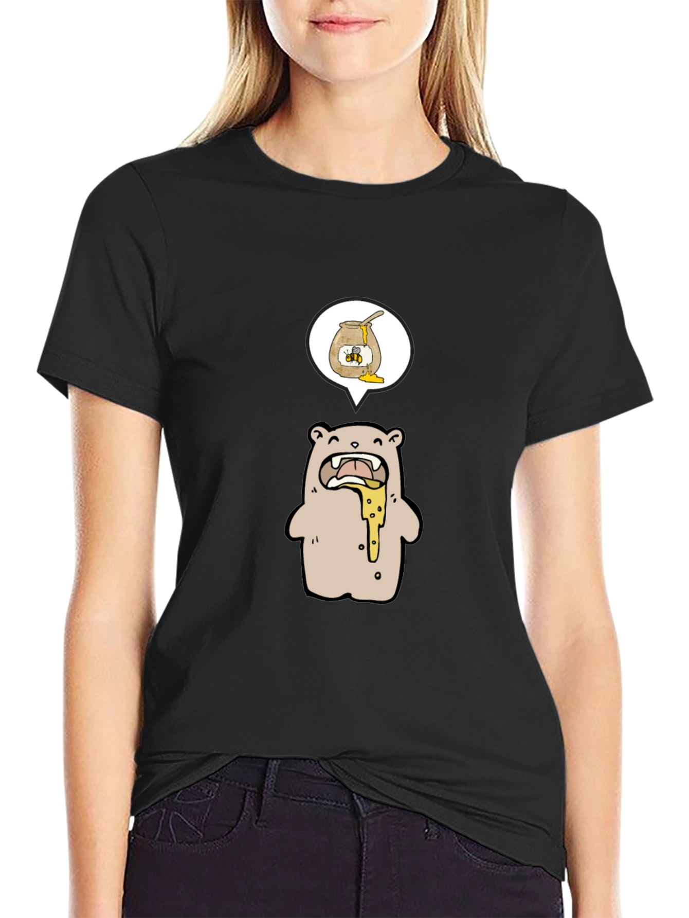 Honey Bear Cartoon Graphic Tee - Black
