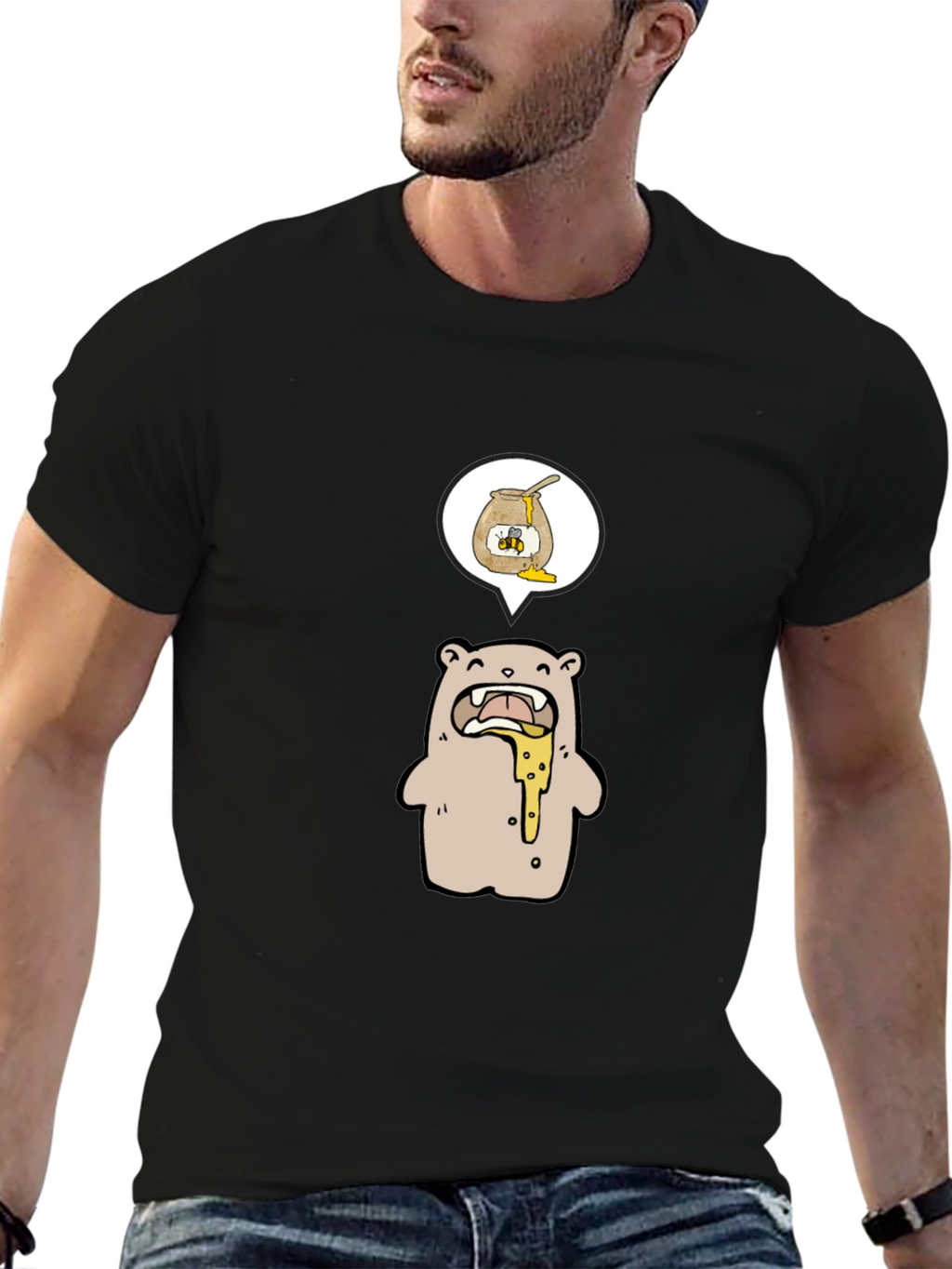 Honey Bear Cartoon Graphic Tee - Black