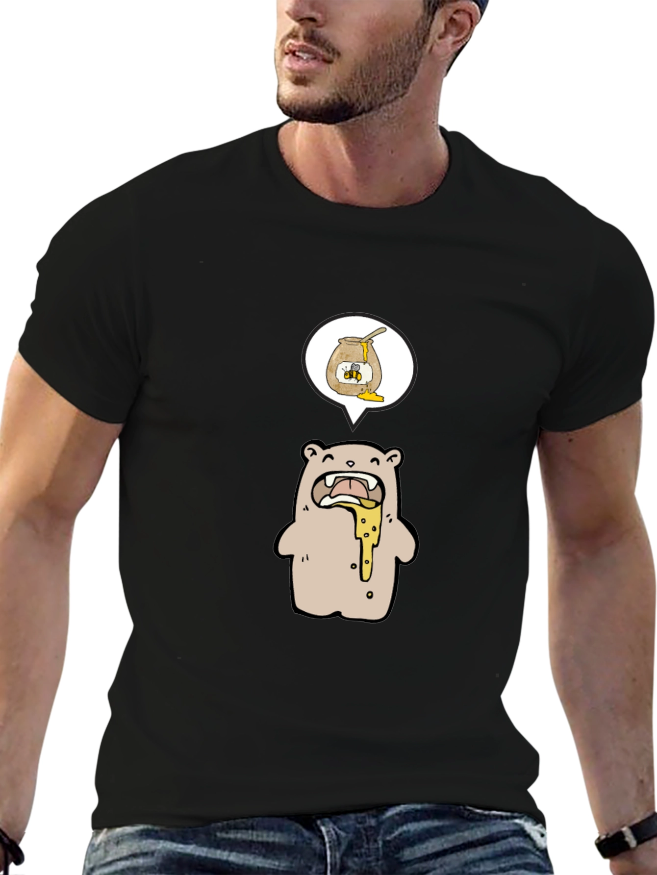 Honey Bear Cartoon Graphic Tee - Black