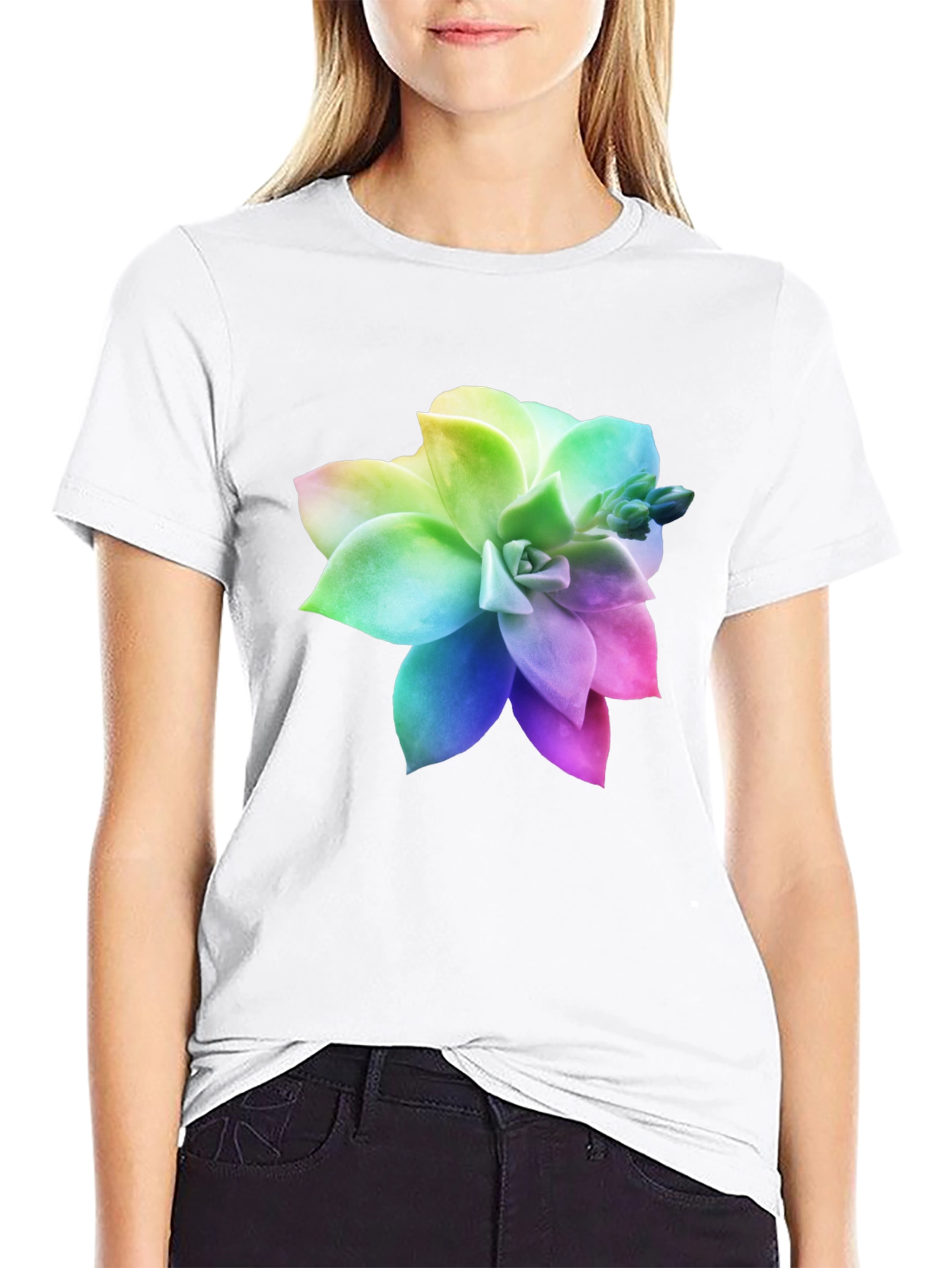 Rainbow Succulent Graphic Black T-Shirt
