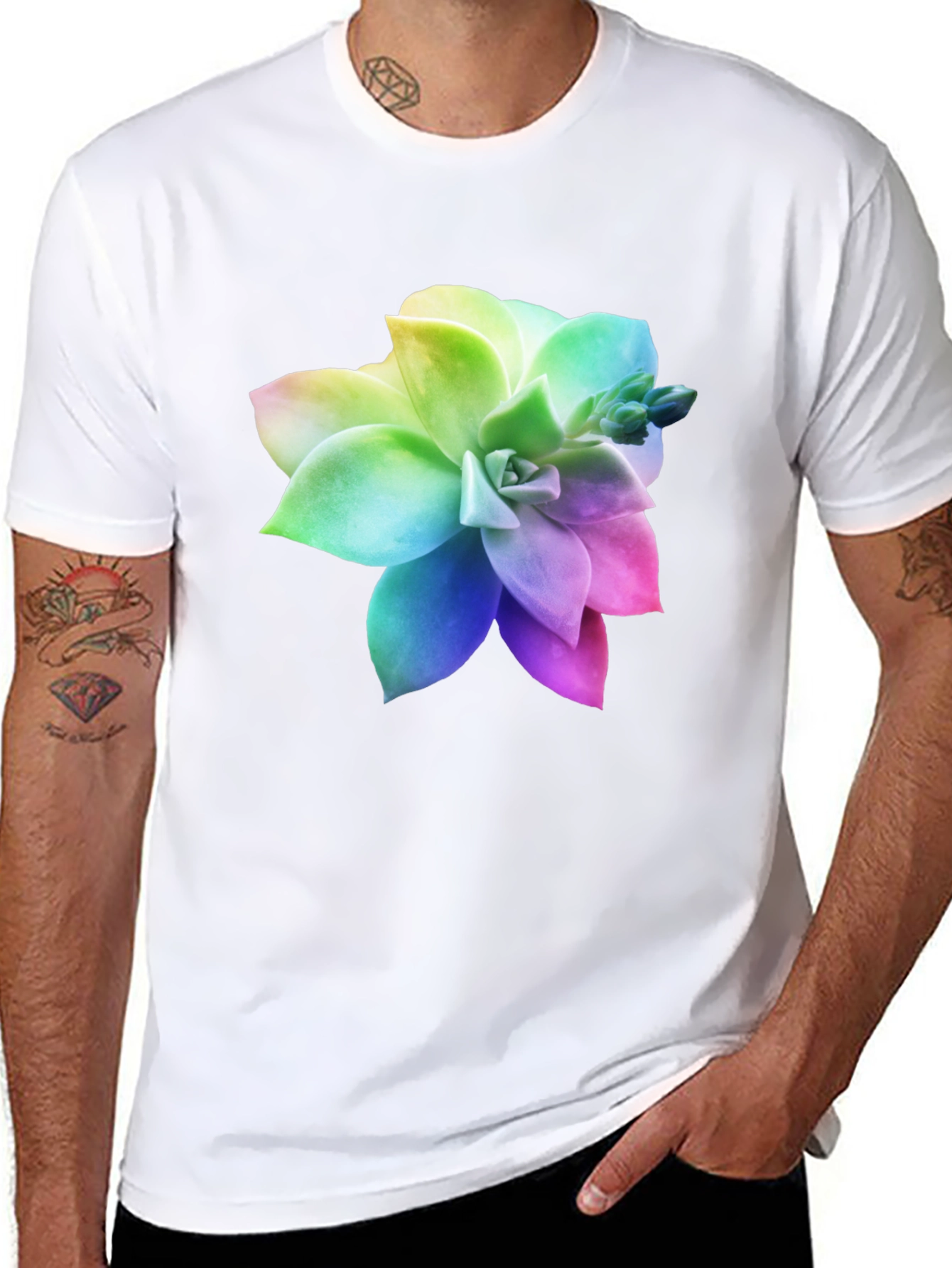 Rainbow Succulent Graphic Black T-Shirt