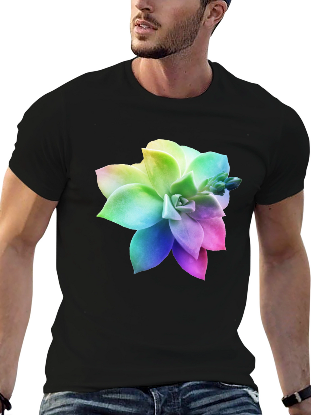 Rainbow Succulent Graphic Black T-Shirt