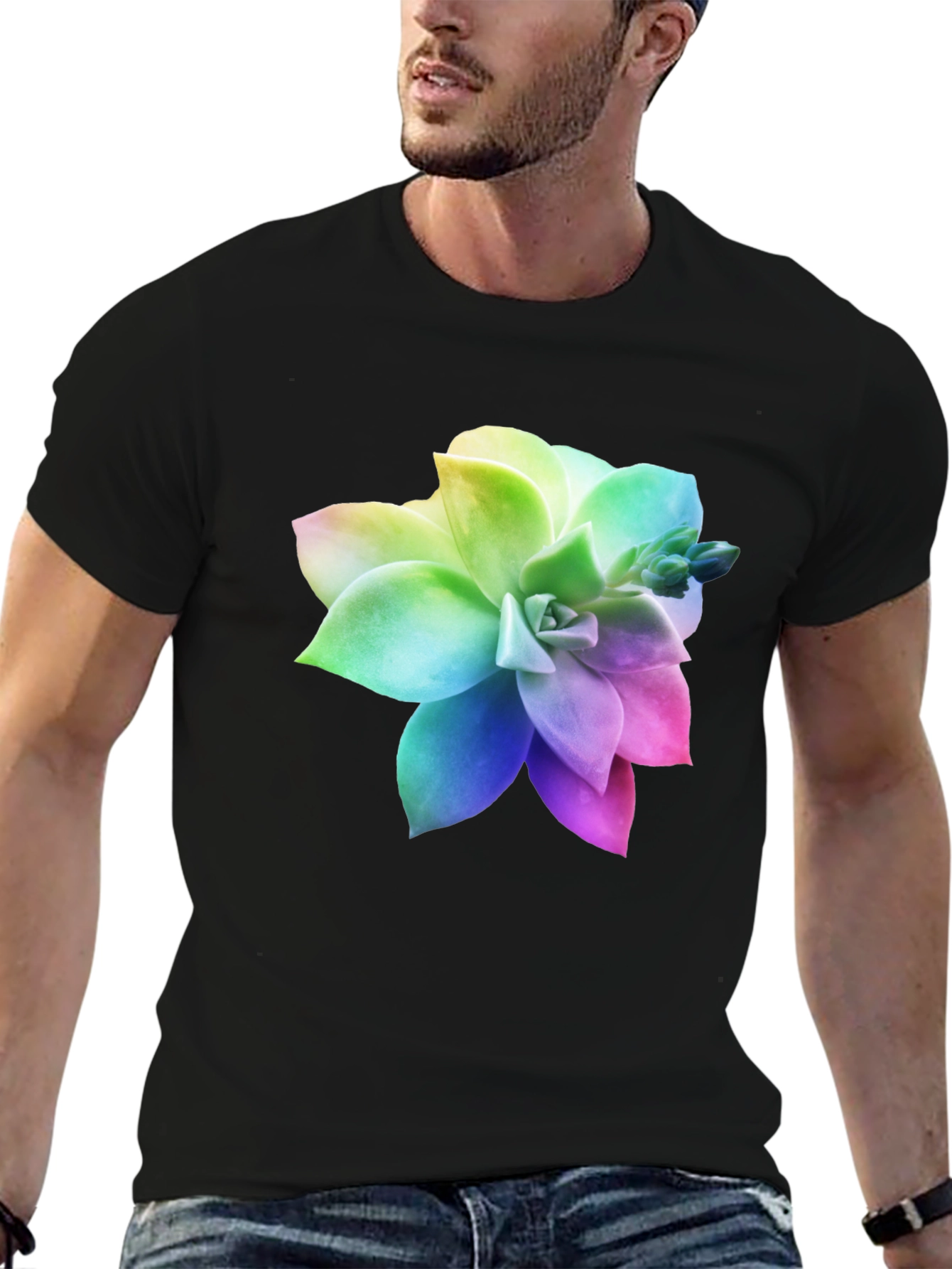 Rainbow Succulent Graphic Black T-Shirt