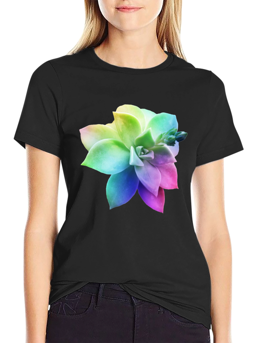 Rainbow Succulent Graphic Black T-Shirt