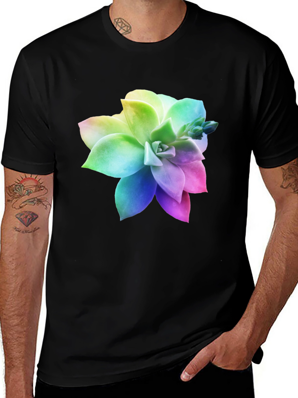 Rainbow Succulent Graphic Black T-Shirt