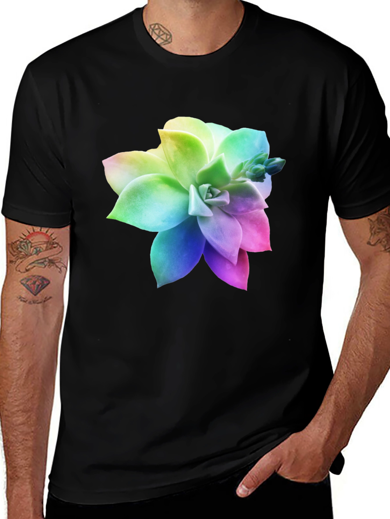 Rainbow Succulent Graphic Black T-Shirt