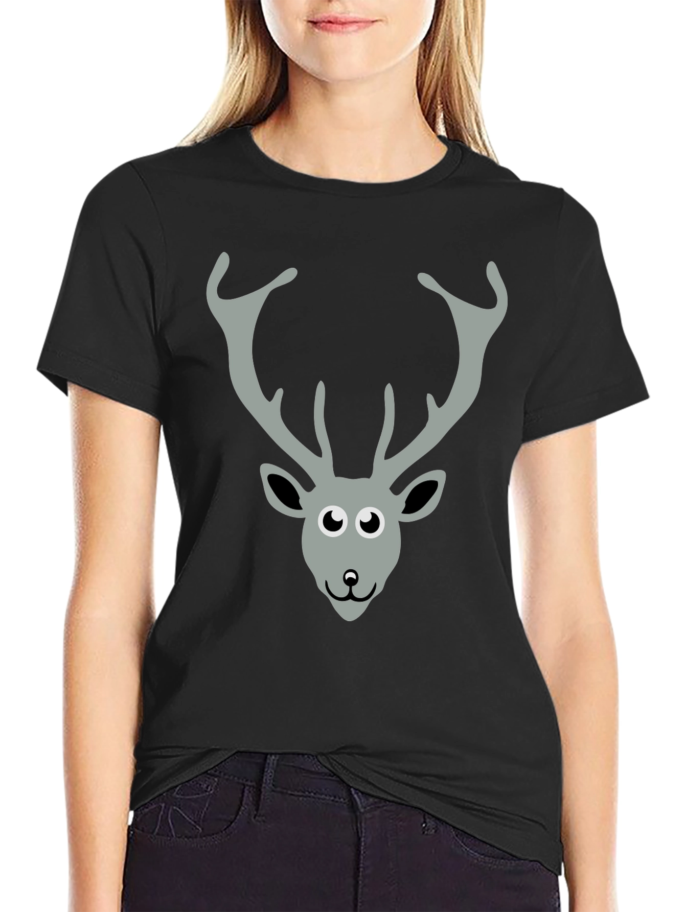 Black T-Shirt with Cartoon Deer Graphic