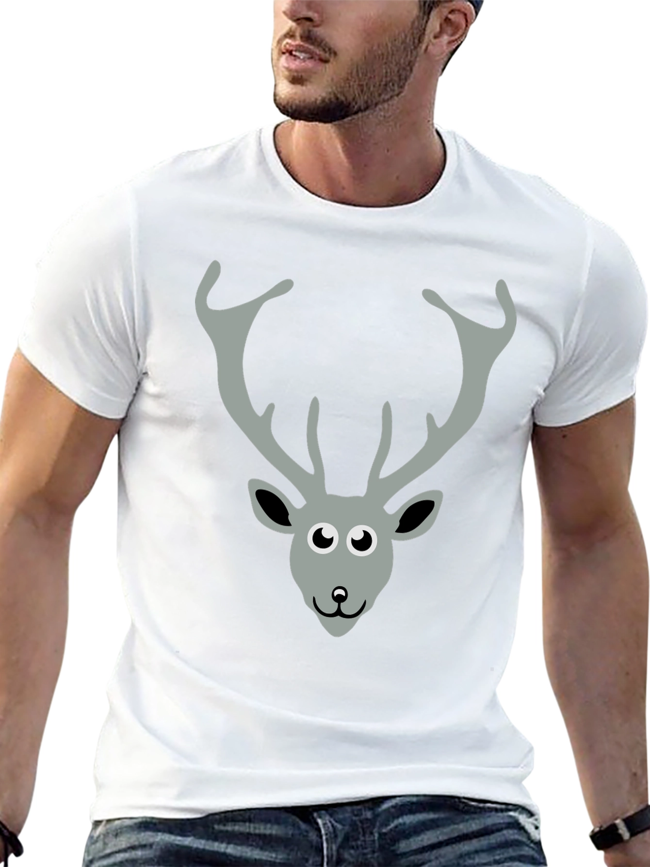 Black T-Shirt with Cartoon Deer Graphic