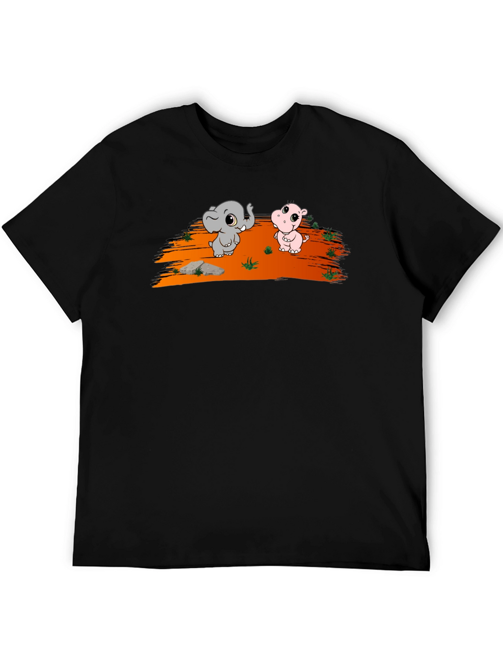 Cartoon Elephant & Hippo Black T-Shirt