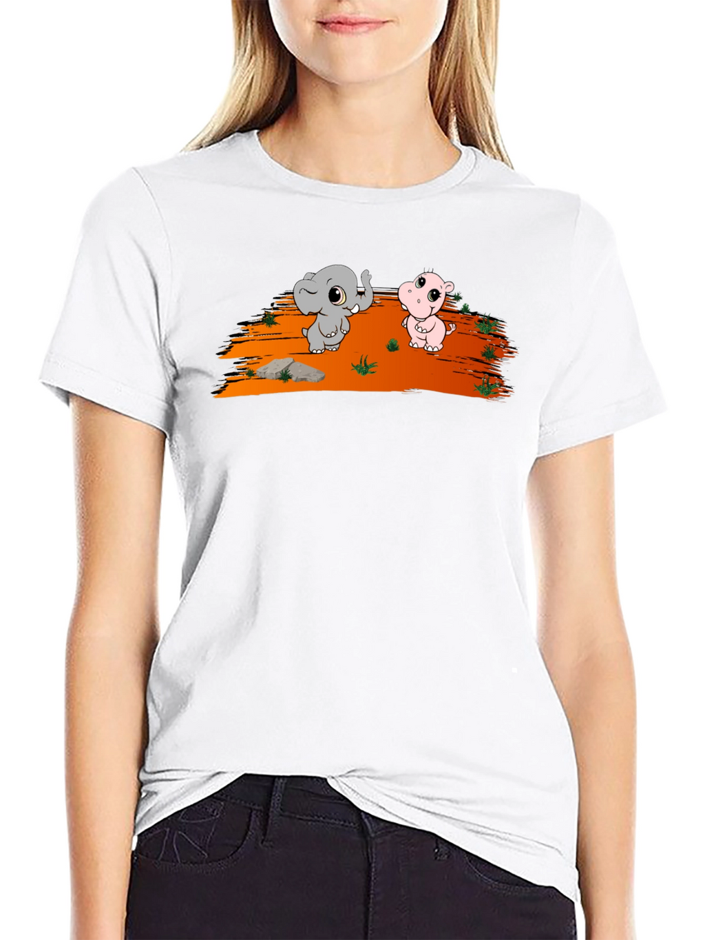 Cartoon Elephant & Hippo Black T-Shirt