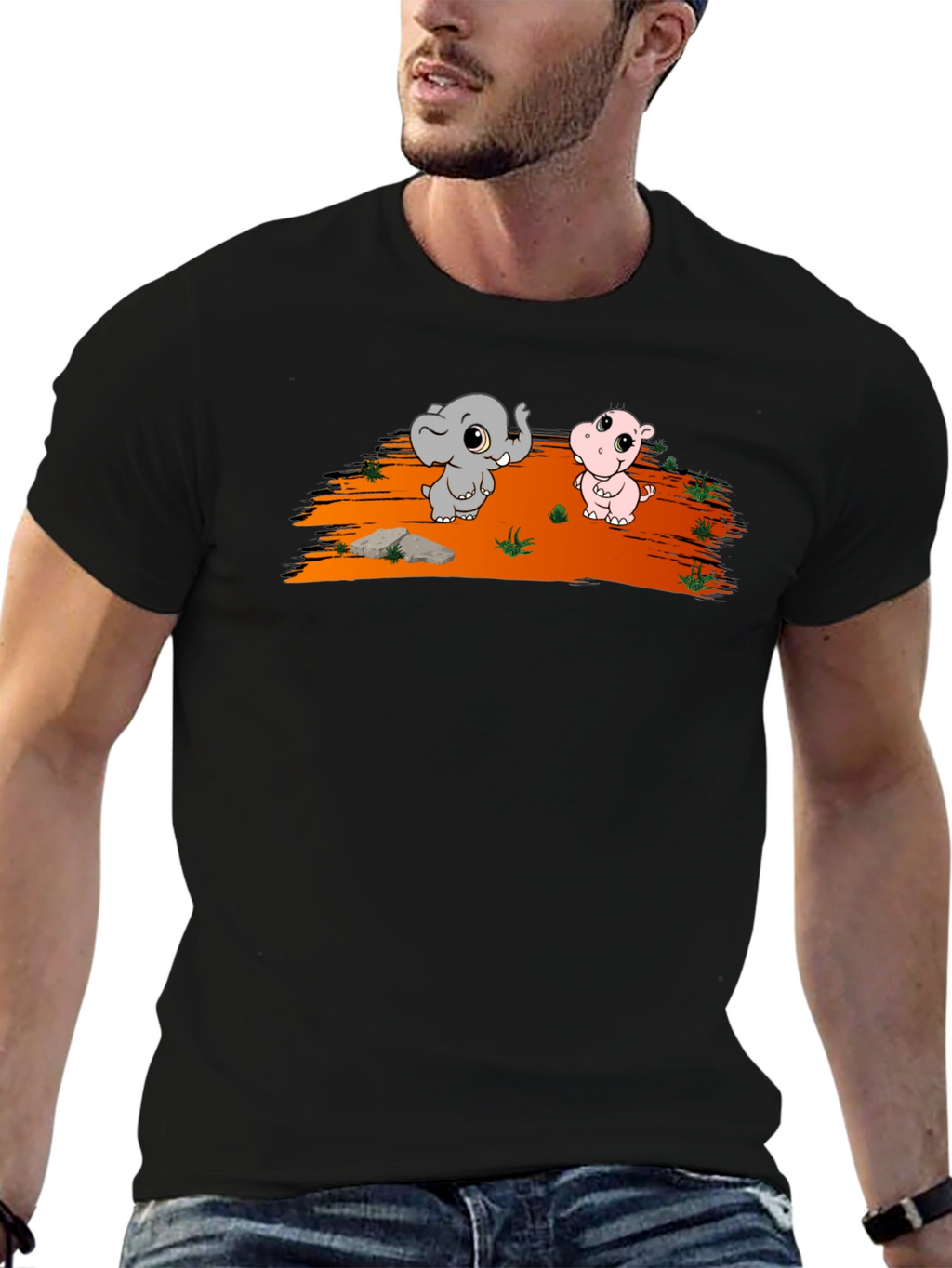 Cartoon Elephant & Hippo Black T-Shirt