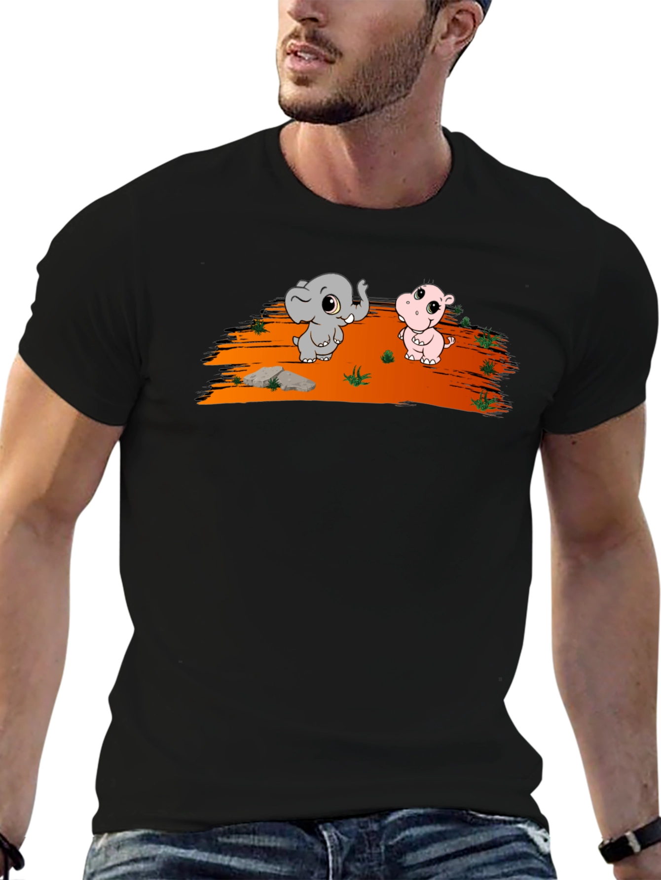 Cartoon Elephant & Hippo Black T-Shirt