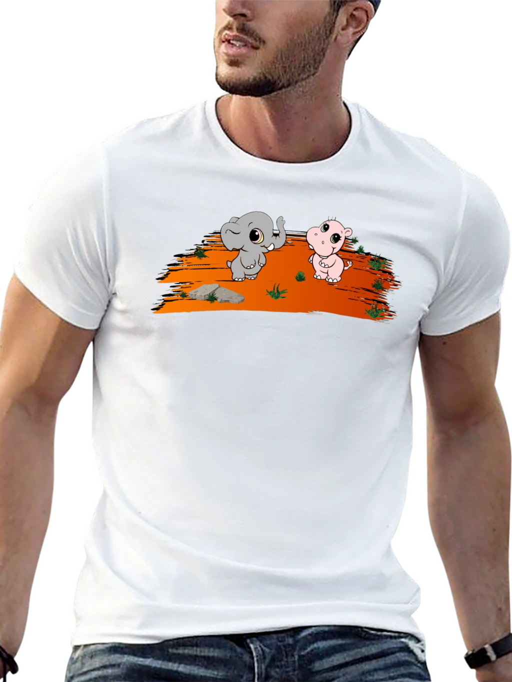 Cartoon Elephant & Hippo Black T-Shirt