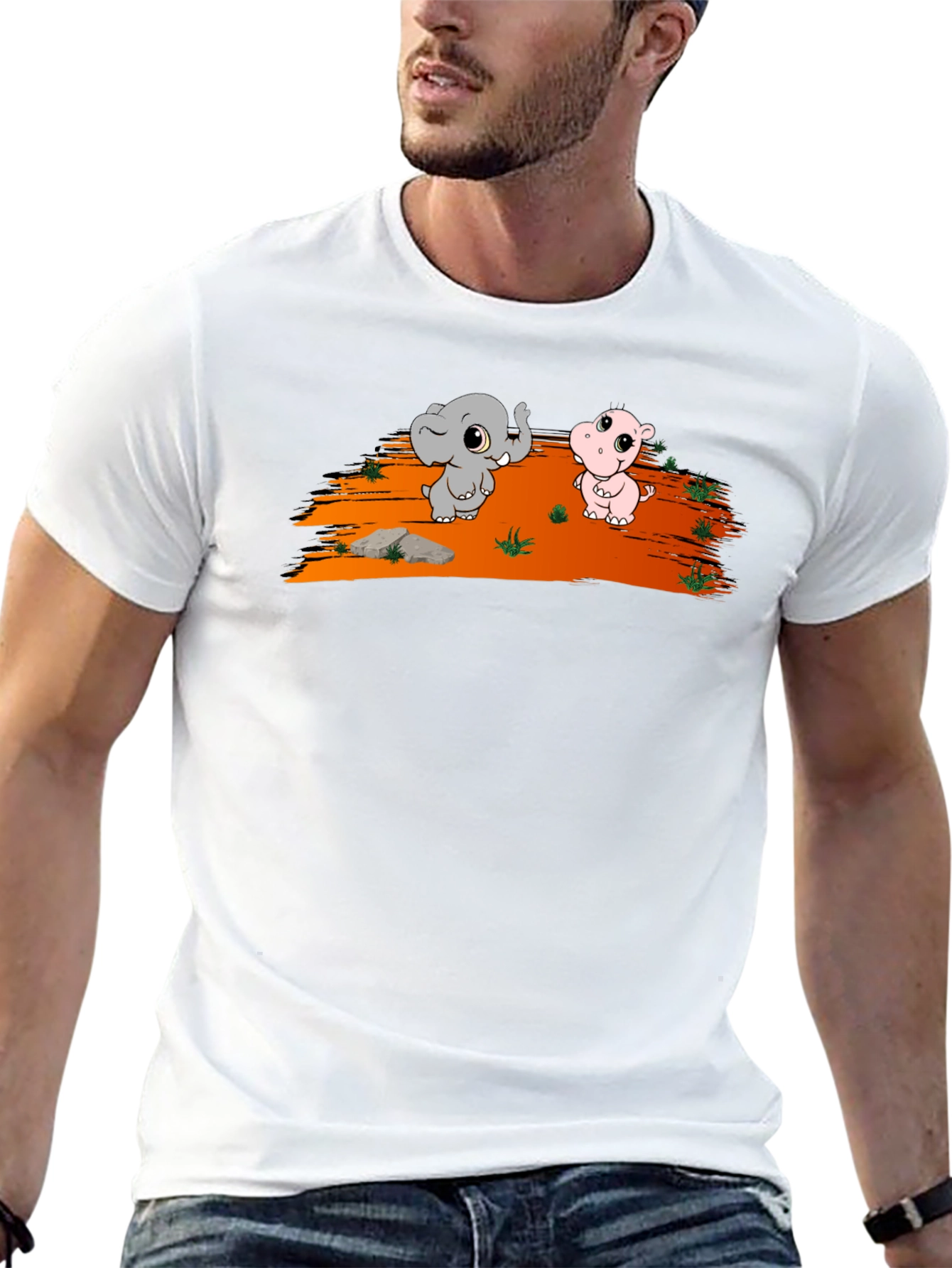 Cartoon Elephant & Hippo Black T-Shirt
