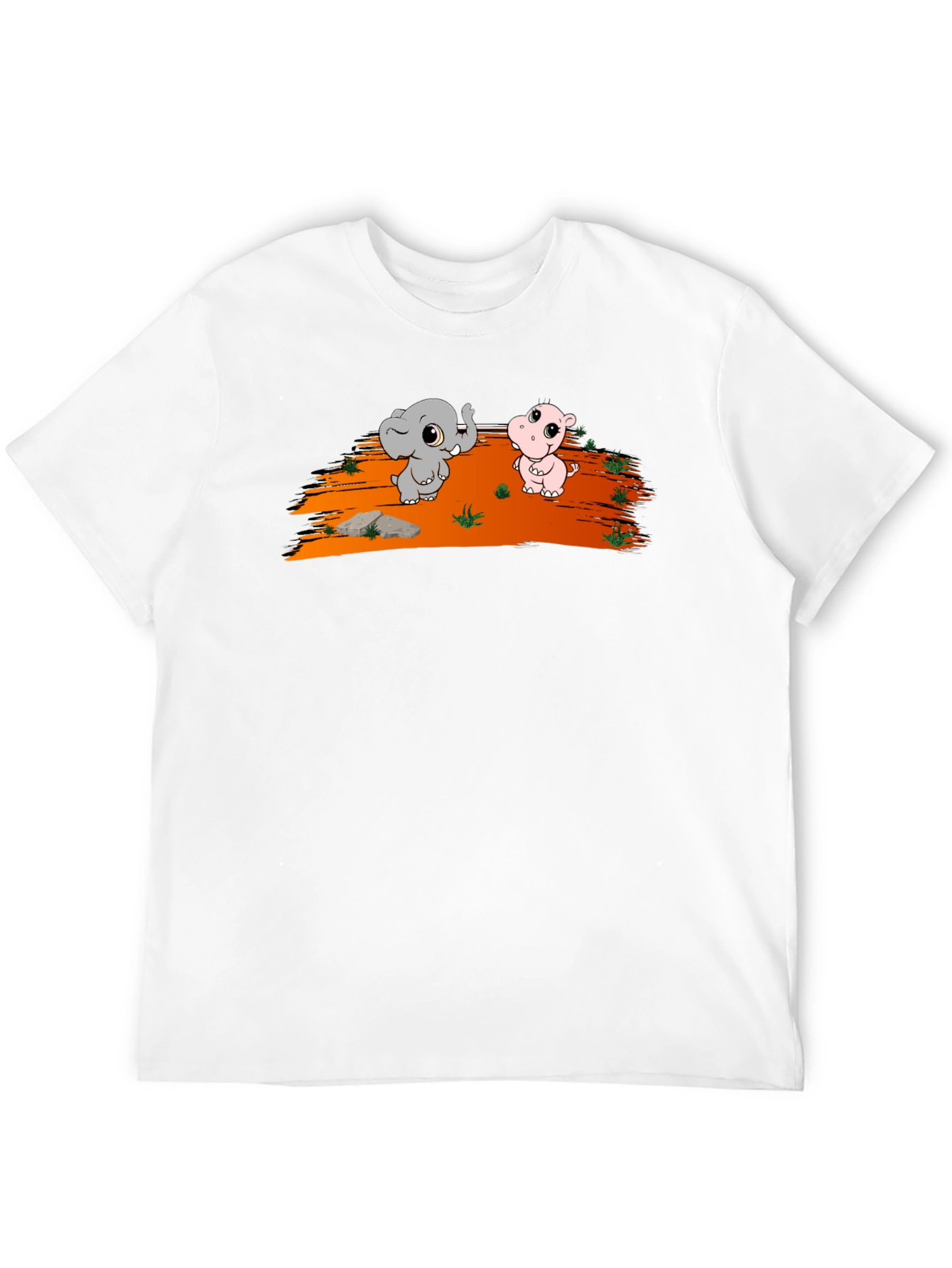 Cartoon Elephant & Hippo Black T-Shirt