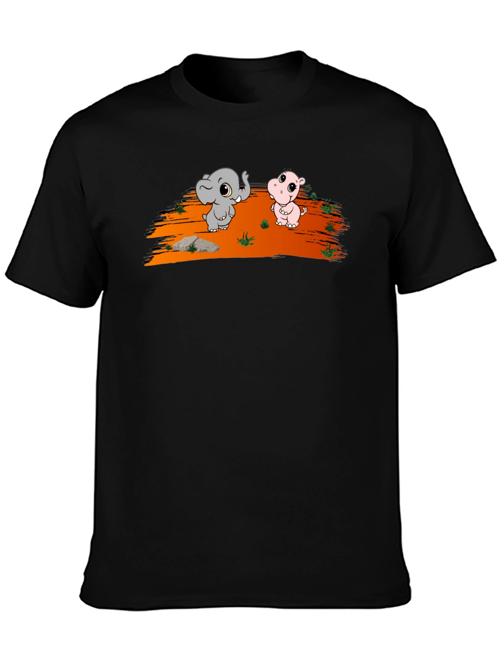Cartoon Elephant & Hippo Black T-Shirt