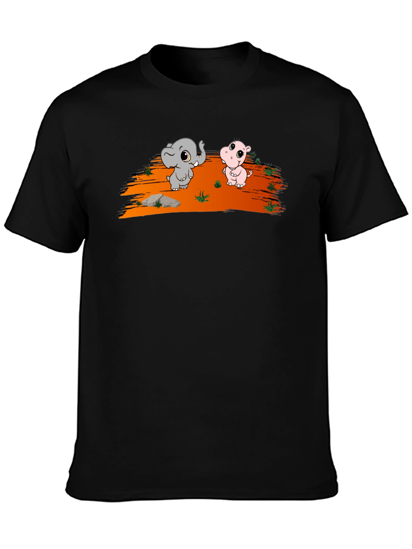Cartoon Elephant & Hippo Black T-Shirt