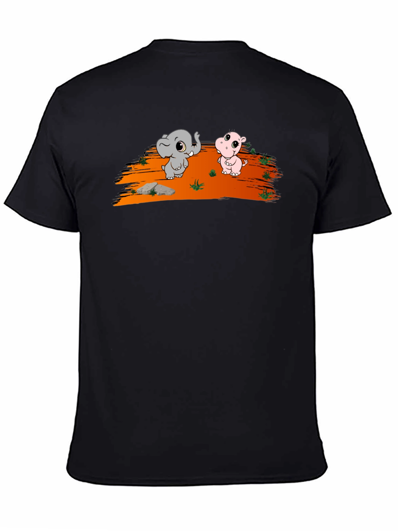 Cartoon Elephant & Hippo Black T-Shirt